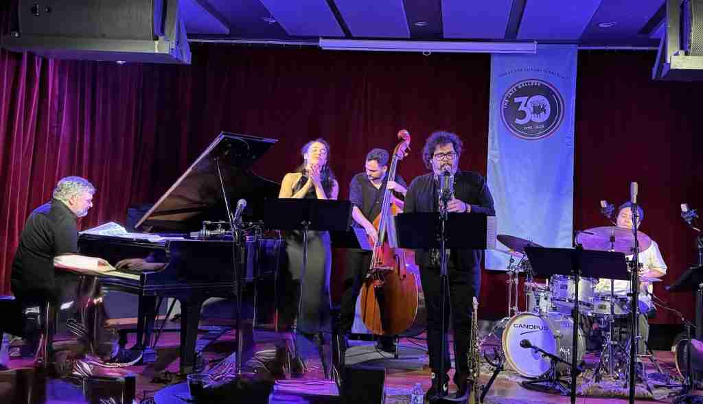 Sabeth Pérez Captivates at The Jazz Gallery. L-R Jon Cowherd, Sabath Pérez, Nicola Caminiti, Ben Tiberio, and Keita Ogawa. Photo by Edward Kliszus
