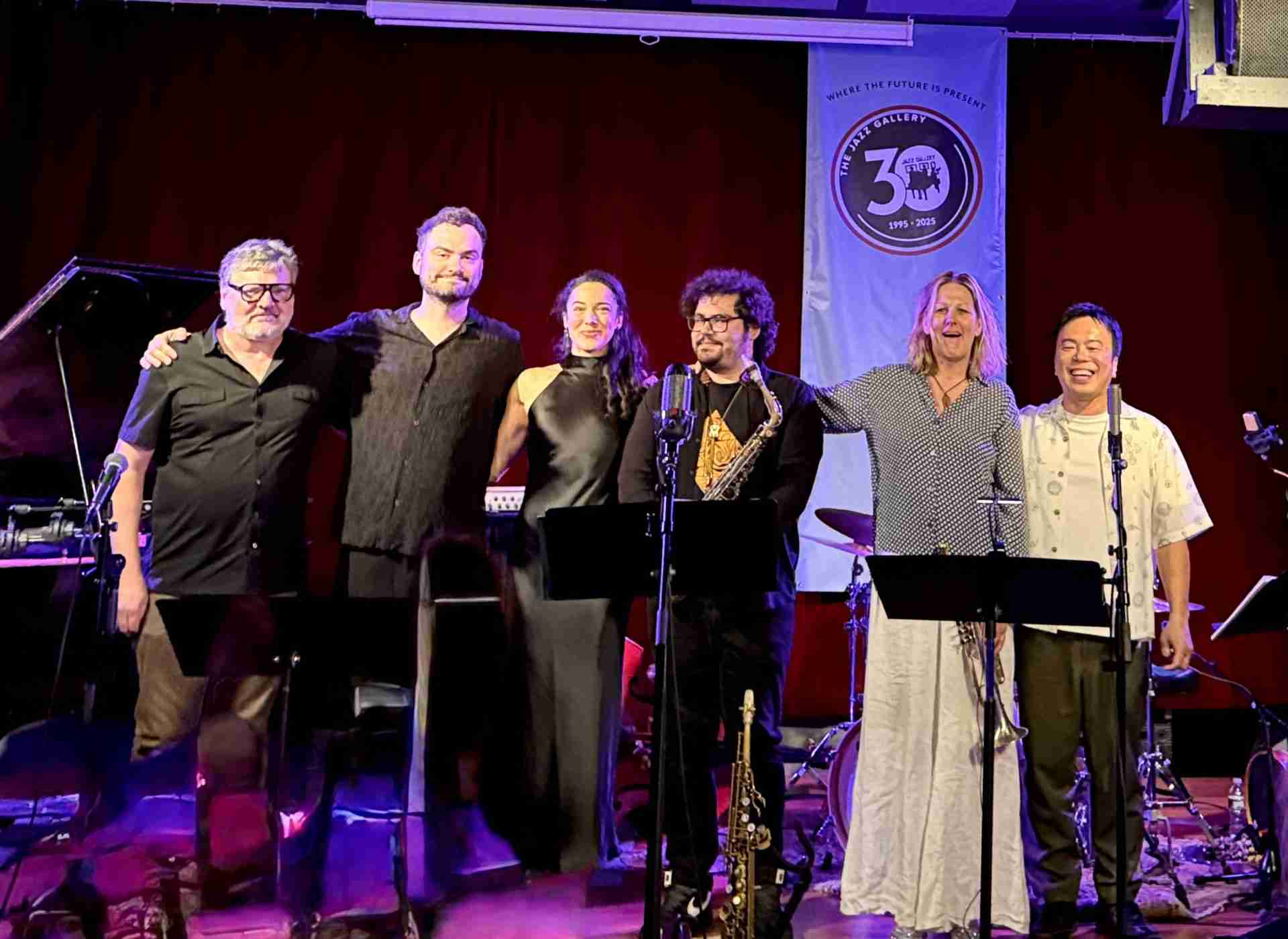 L-R Jon Cowherd, Ben Tiberio, Sabeth Pérez, Nicola Caminiti, Ingrid Jensen, and Keita Ogawa. Photo by Edward Kliszus