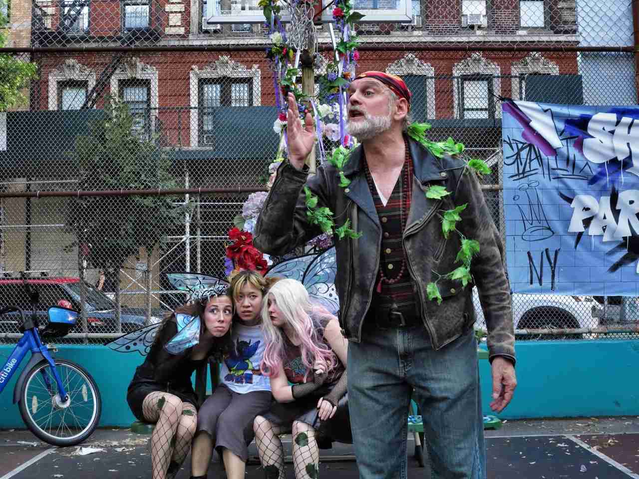 Left: Aria Marinelli (Cobwebb), Thammie Laine Quách (Mustardseed), Jasmin Gonzalez (Moth). Right: Dave Marantz (Oberon). Photo by Jonathan Slaff.