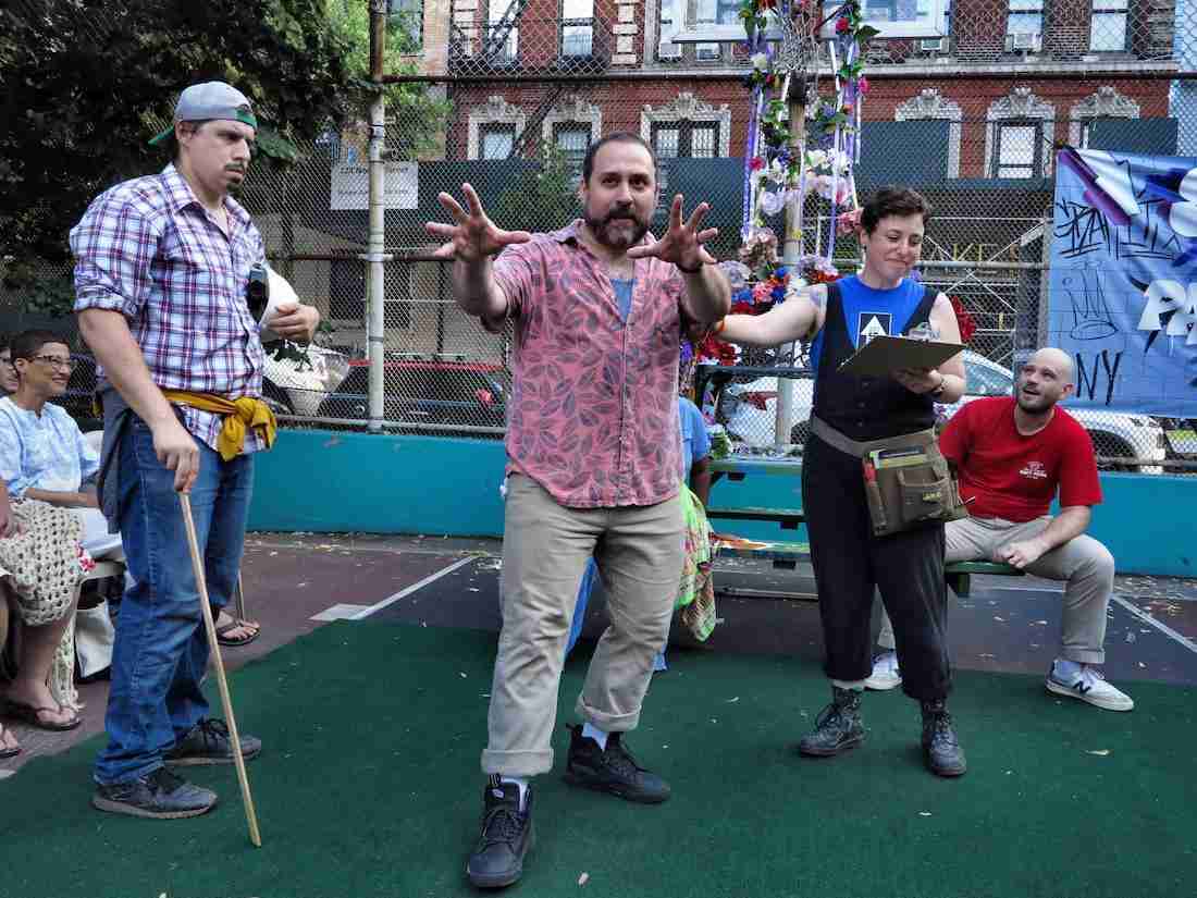 Rude Mechanicals (L-R): Basil Lvoff (Snug), Alessandro Colla (Nick Bottom), Evangeline Fontaine (Peter Quince), Chris Martel (Flute). Photo by Jonathan Slaff.