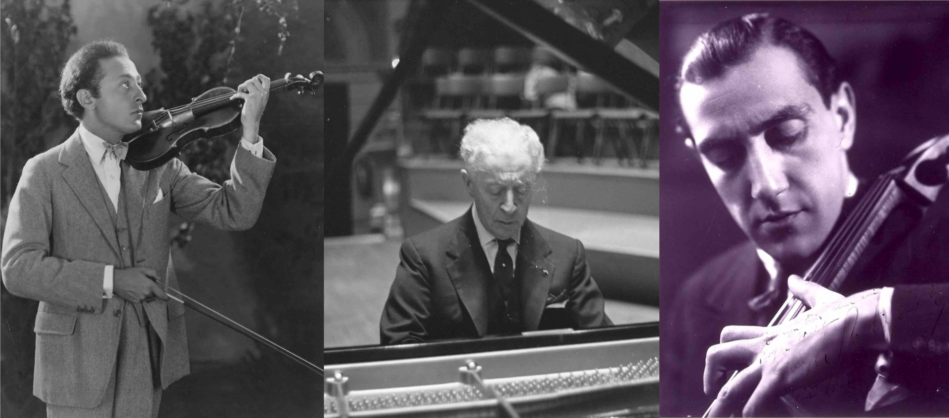 Million Dollar Trio. L-R: 1. Portrait of Jascha Heifitz. Rijksmuseum, CC0, via Wikimedia Commons. 2. Arthur Rubinstein Performing in Concertgebouw, Bestanddeelnr (1962). Wim van Rossem for Anefo, CC0, via Wikimedia Commons. 3. Portrait of cellist Gregor Piatigorsky, in concert at Strasbourg (1930). Bibliothèque nationale de France, Public domain, via Wikimedia Commons