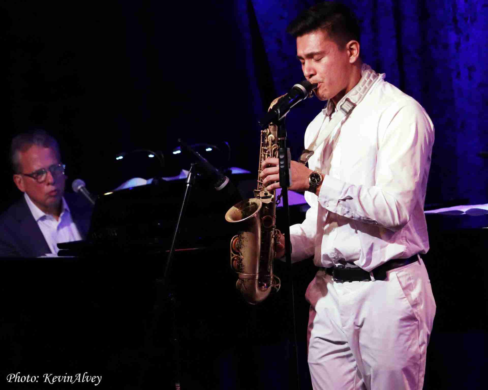 Isaac “Algonzo” Ketter, Alto Saxophone, Center Stage at Jim Caruso's Cast Party at Birdland Jazz NYC. Photo by Kevin Alvey