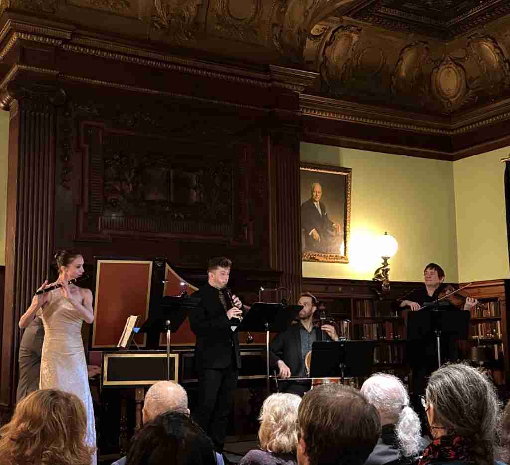 L-R: Melanie Williams (flute), David Dickey (oboe), Serafim Smigelskiy (cello), Aisslinn Nosky (violin). The American Classical Orchestra presents "Rococo Repast" at the Metropolitan Club. Photo by Edward Kliszus