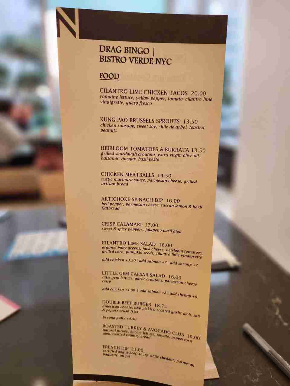 The menu at Bistro Verde NYC for Nordstrom NYC Drag Bingo. Photo by Sora Vernikoff
