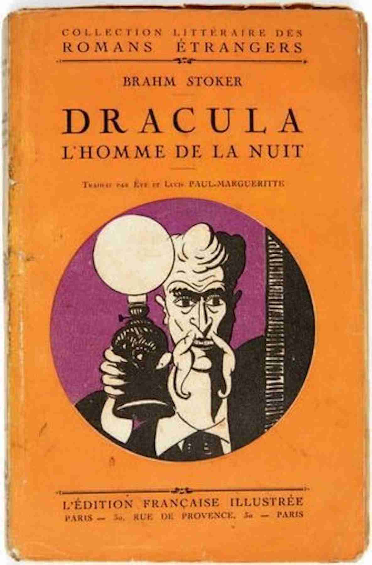 Couverture de la première édition française du roman de Bram Stoker, Dracula. L'Homme de la nuit, Paris, L'Édition française illustrée, Collection littéraire des romans étrangers.Illustration de Pierre Falké. Public domain, via Wikimedia Commons