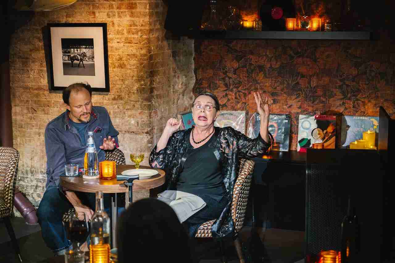 Drew Valins and Sharon Ullrick in a scene from Peekos at Barlume in Pop Up Dinner Theater @Barlume Downstairs. Photo by Delia Dumont