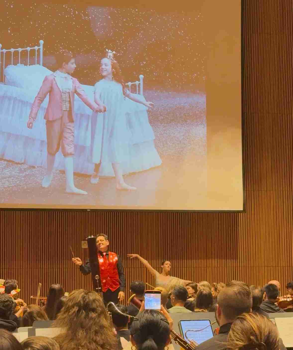 Splendid visual art of a scene from The Nutcracker with Conductor David Bernard, Ballet Dancer Savannah Quiner, and the Park Avenue Chamber Symphony at the DiMenna Center for Classical Music in NYC. Courtesy PACS