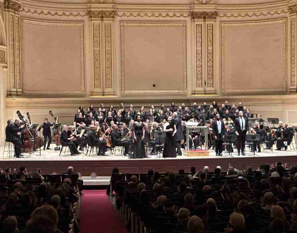 L-R (forefront): Mezzo Soprano J'Nai Bridges, Soprano Anna Thompson, Tenor Freddie Ballentine, and Bass Baritone Alan Williams with Maestro Leon Botstein and The American Symphony Orchestra and Bard Festival Chorale performing "Forging an American Musical Identity" at Carnegie Hall. Photo by Edward Kliszus