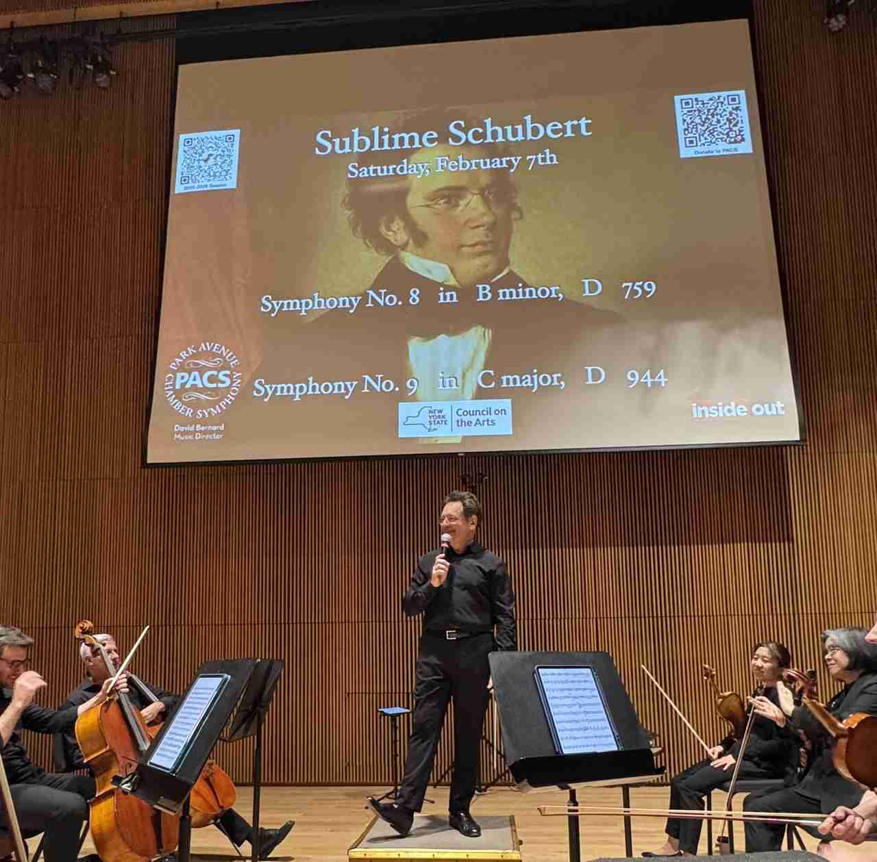 Maestro David Bernard describing Franz Schubert's Symphonic Works in a concert entitled "Sublime Schubert' with the Park Avenue Chamber Symphony at the DiMenna Center for Classical Music. Photo by Edward Kliszus
