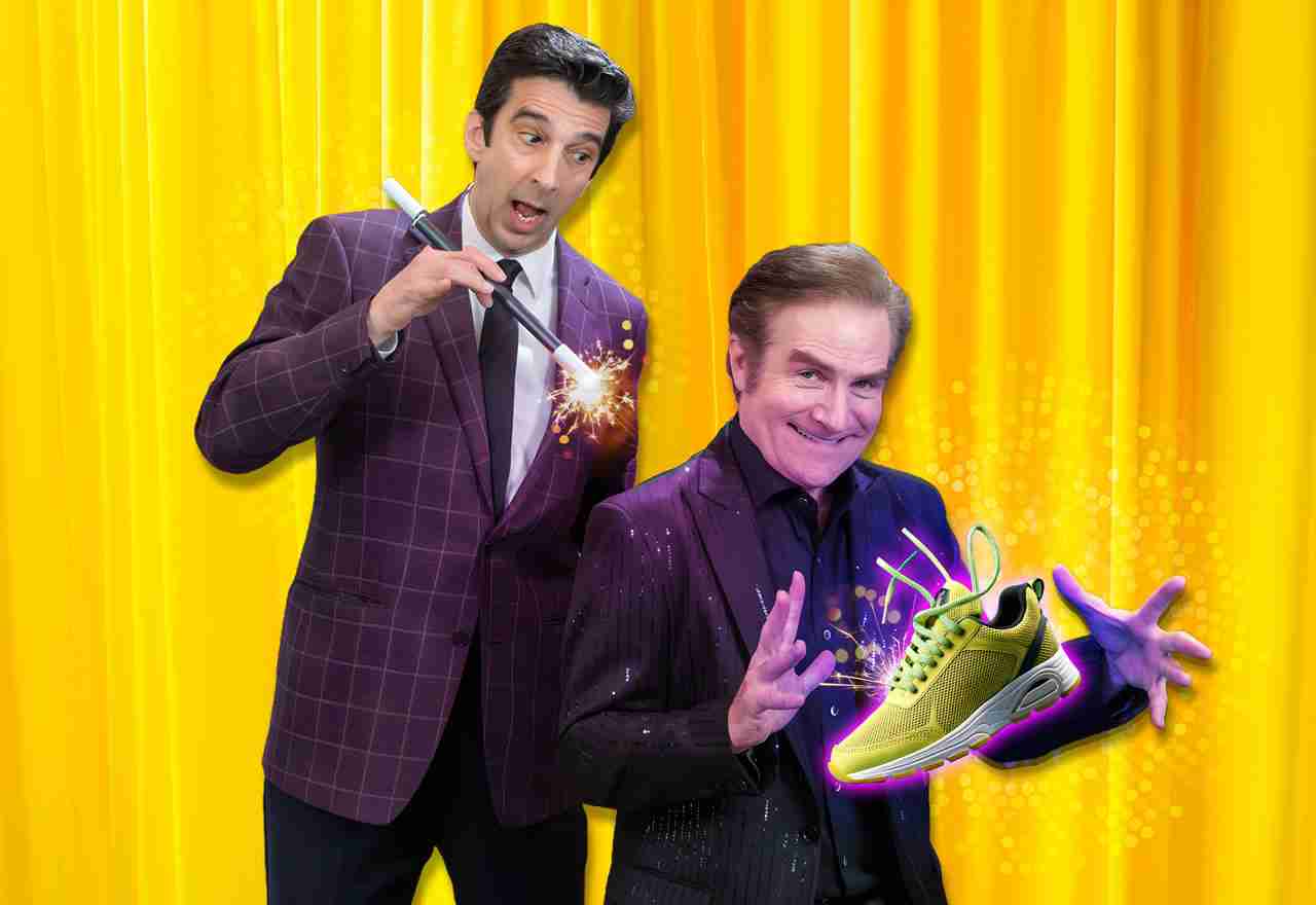 Jim Vines and Carl Mecurio performing with Magic Wands and a Child's Sneaker in a scene from The Broadway Magic Hour at the Broadway Comedy Club in New York City. Courtesy Michelle Tabnick PR
