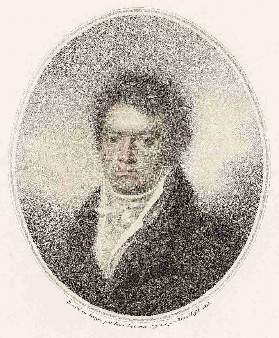 Beethoven in 1814. (etching by Blasius Höfel after a drawing by Louis Letronne). Public Domain via Wikipedia Common