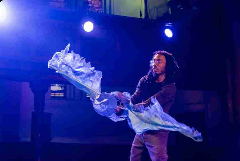 Tau Bennett as Bluebird in a Scene from Dreamcats! at the Gene Frankel Theatre in NYC. Photo by Richard Termine