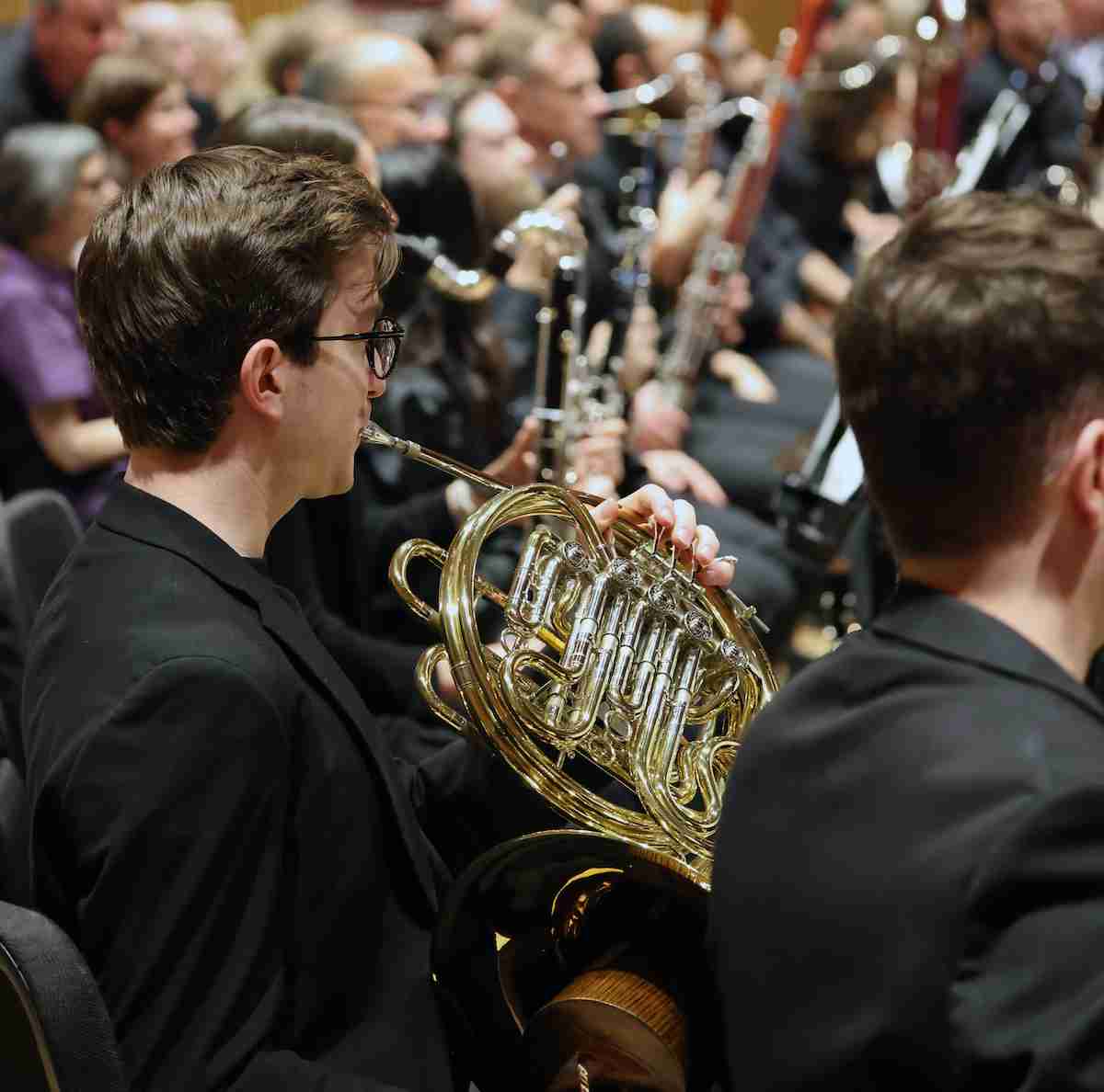 A view of the French Horn section with David Bernard and The Park Avenue Chamber Symphony presenting Spellbinding Strauss at the DiMenna Center for Classical Music, NYC. Photo by Adam Bundy
