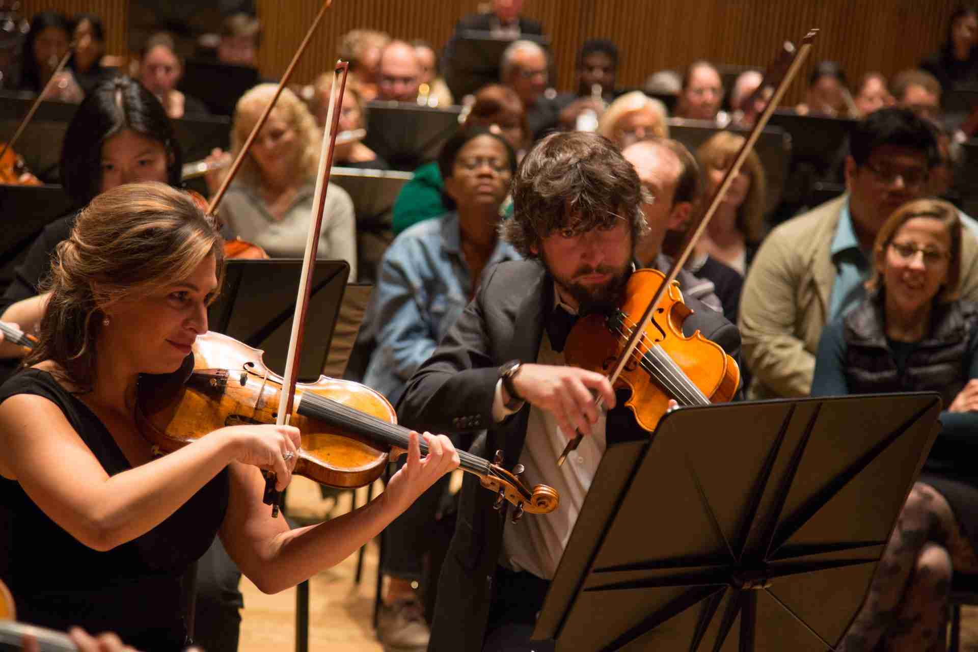 String players and immersed audience with David Bernard and The Park Avenue Chamber Symphony at the DiMenna Center for Classical Music, NYC. Courtesy chambersympony.com