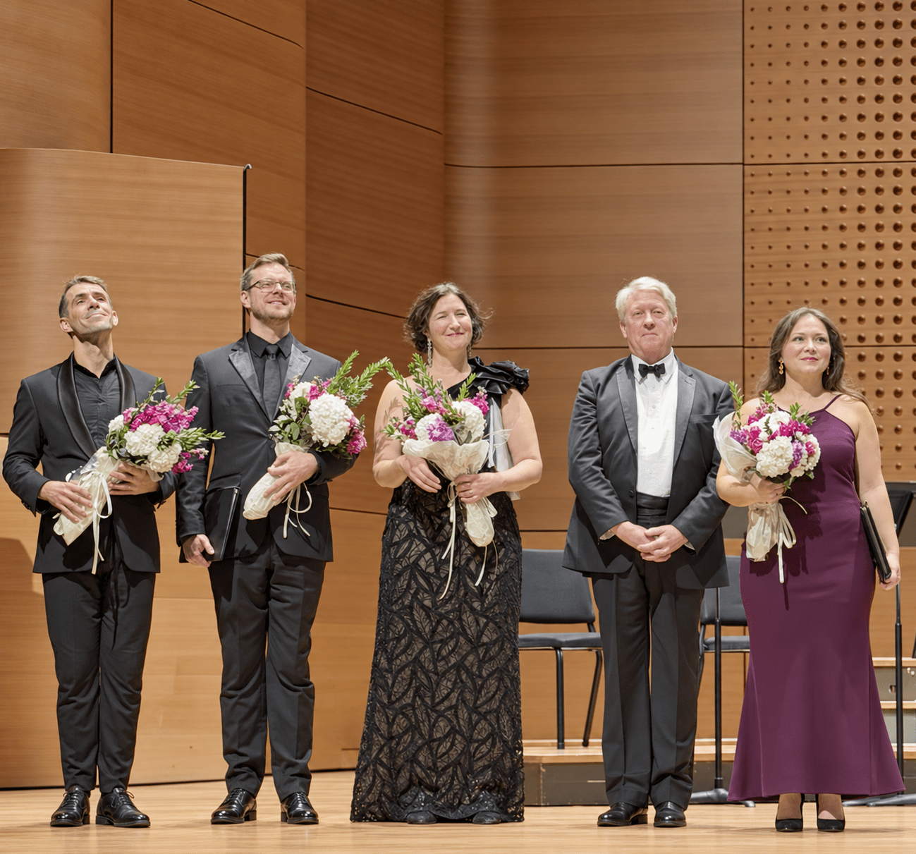 L-R: Edmund Milly, bass; Steven Soph, tenor; Helen Karloski, alto; Thomas Crawford, conductor; and Shelén Hughes Camacho, Soprano, standing for extended final bows. Photo by Edward Kliszus