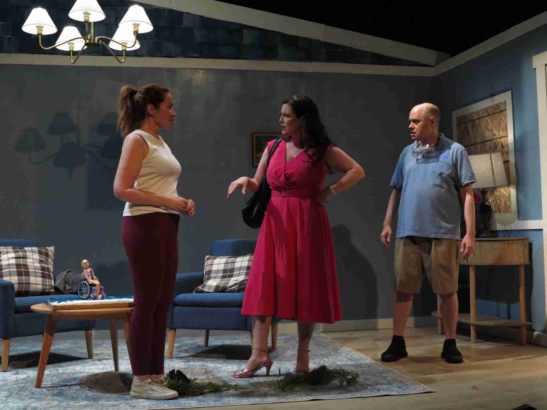 L-R: Alyssa Simon (Heidi Murphy), Haley Zale (Mildred, Henry's ex-wife), Mike Roche (Henry) in a scene from Henry Feldman's Shelter Inn Place at Theatre Row in NYC. Photo by Jonathan Slaff.
