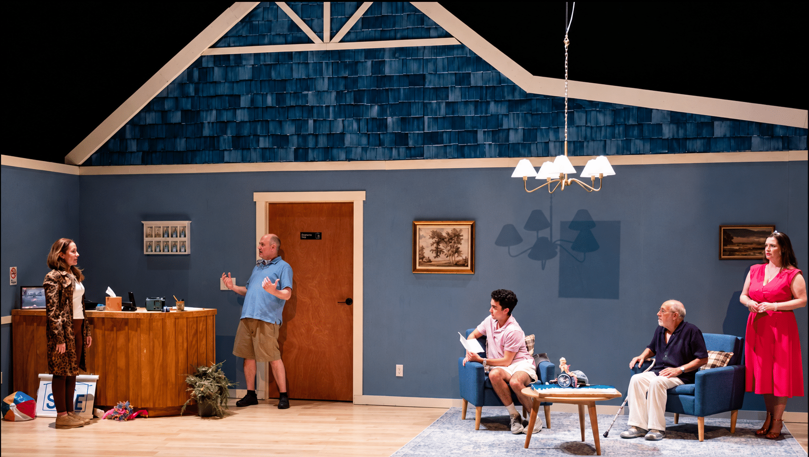 L-R: Alyssa Simon, Mike Roche, Aaron Lamm, Martin Revere, and Haley Zale in a scene from Henry Feldman's Shelter Inn Place at Theatre Row in NYC. Photo by Jonathan Slaff