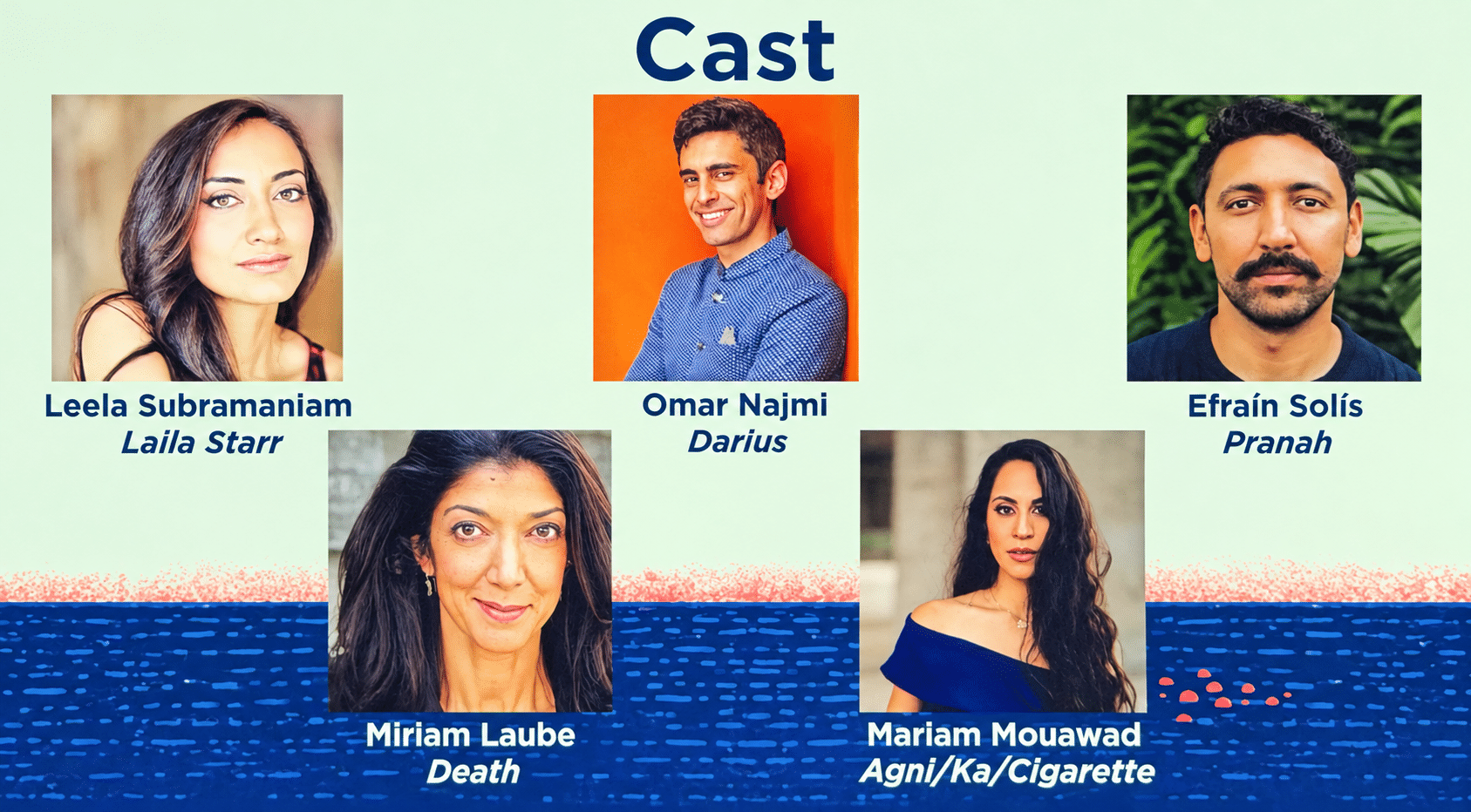 Leela Subramaniam, Miriam Laube, Omar Najmi, Mariam Mouawad, and Efraín Solís in Works & Process Presents Minnesota Opera The Many Deaths of Laila Starr. Courtesy mnopera.org