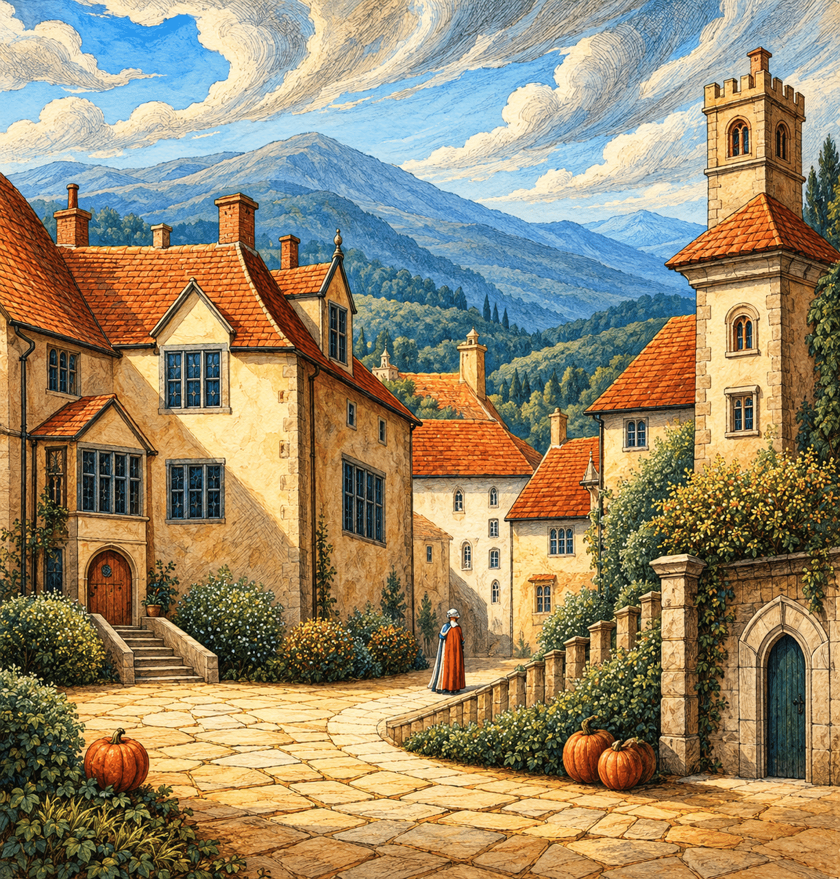 Renaissance village square beneath sweeping clouds